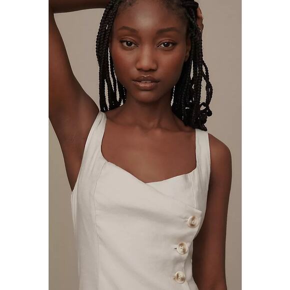 Anthropologie NWT Linen Square Neck Button Wrap Midi Dress Ivory XL - Picture 10 of 10